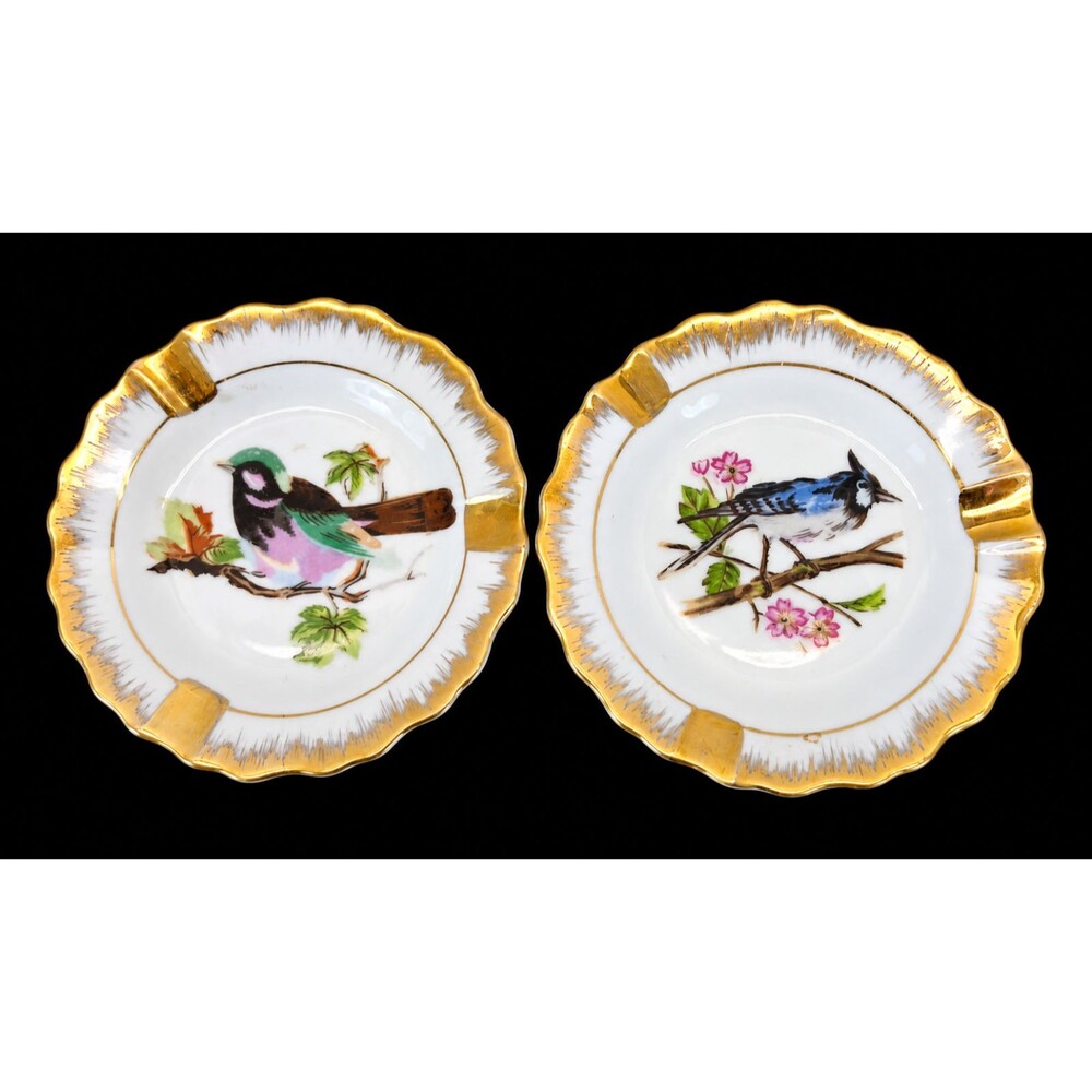 Napco Japan Bird Pair 4" Trinket Dishes 3V3362 Blue Jay Hand Painted Gold Trim